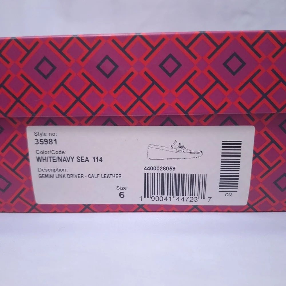 Tory Burch Gemini‎ Link Driver Leather Loafers White Navy Fringe Shoes Sz 6 NIB